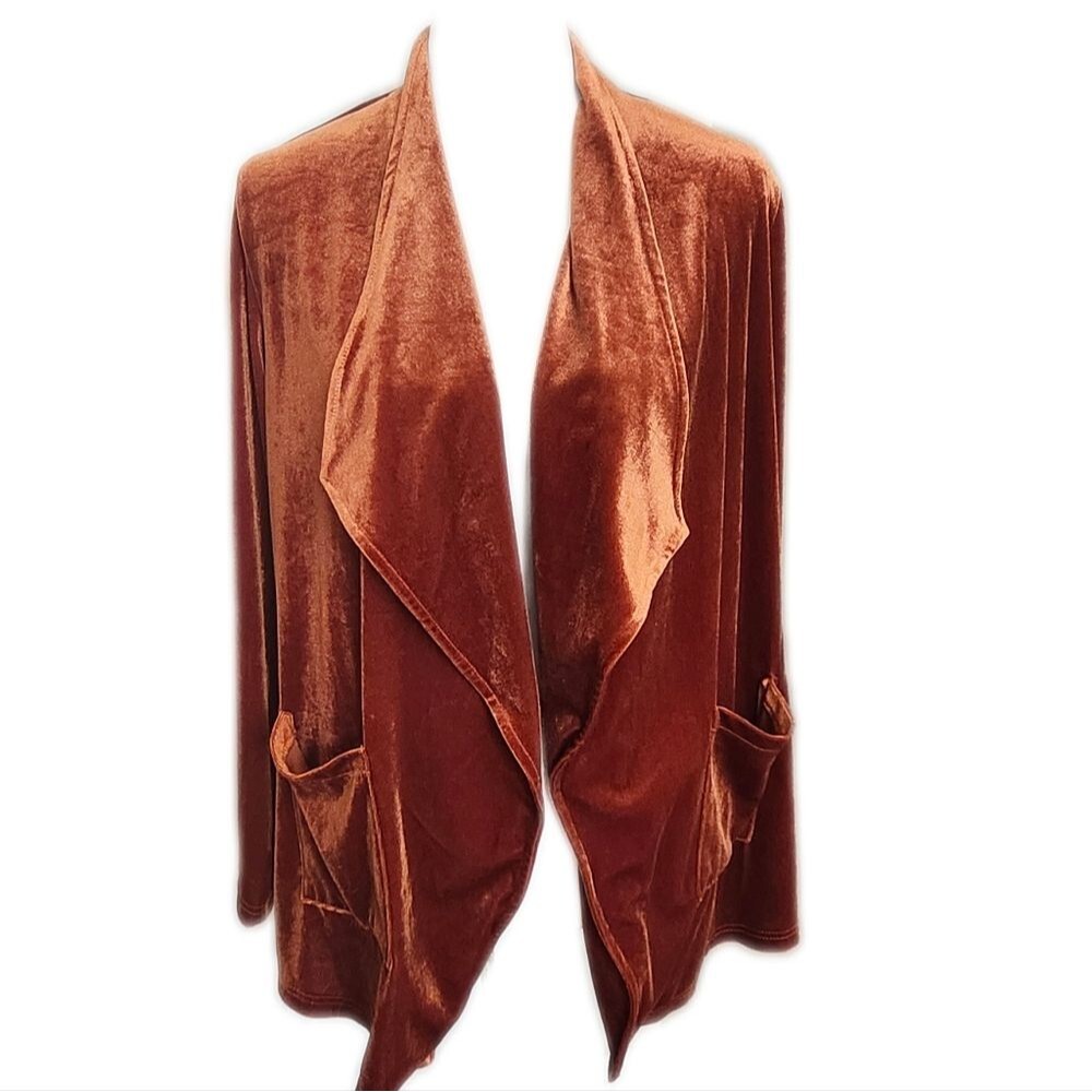 Amazon brand rust colored open front velour cardigan jacket, M